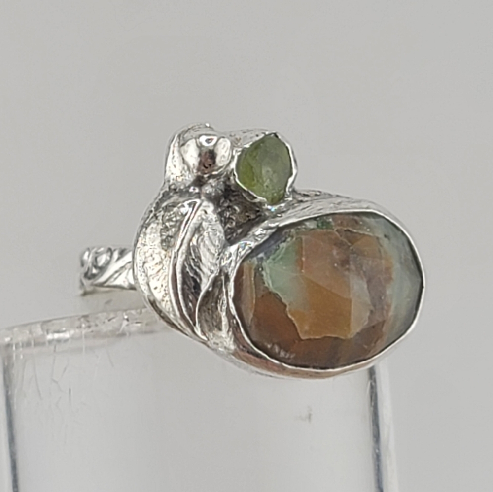 PERUVIAN OPAL & CRYSTAL LEAF RING HANDMADE IN STERLING SILVER METAL 5